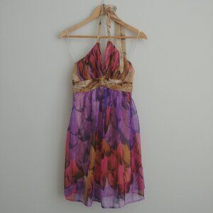 Y2K vibe short halter mini dress abstract pattern purple pink tan Medium